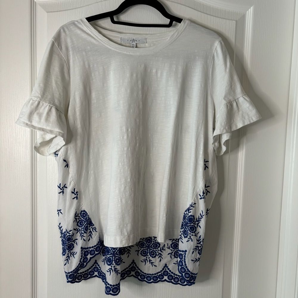 FEVER White Blue Embroidered Cotton T-Shirt Size XL